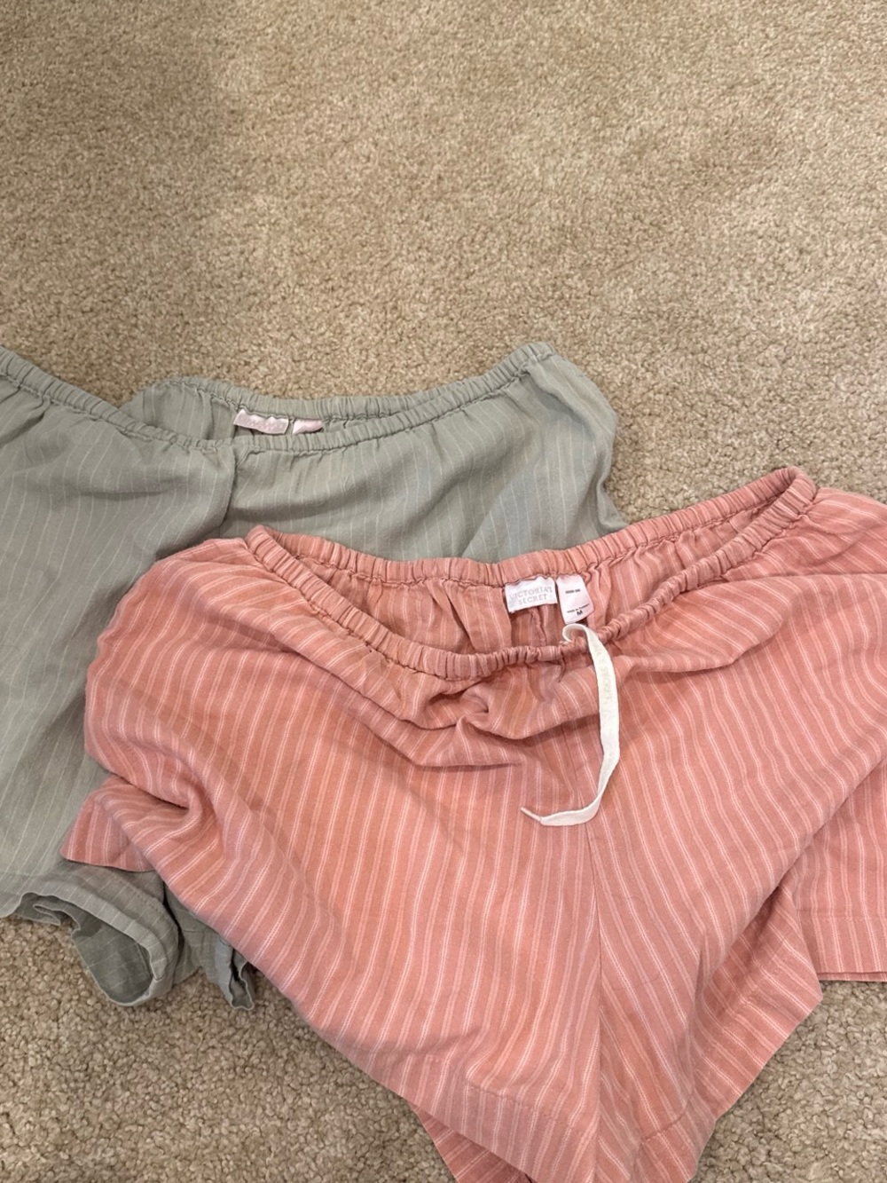Vintage Victoria Secret Striped Pink and Sage Linen Lounge Shorts Duo